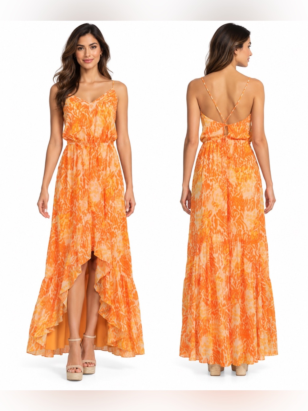 Ramy Brook Laura Orange Abstract Print High-Low Maxi Dress Spaghetti Strap